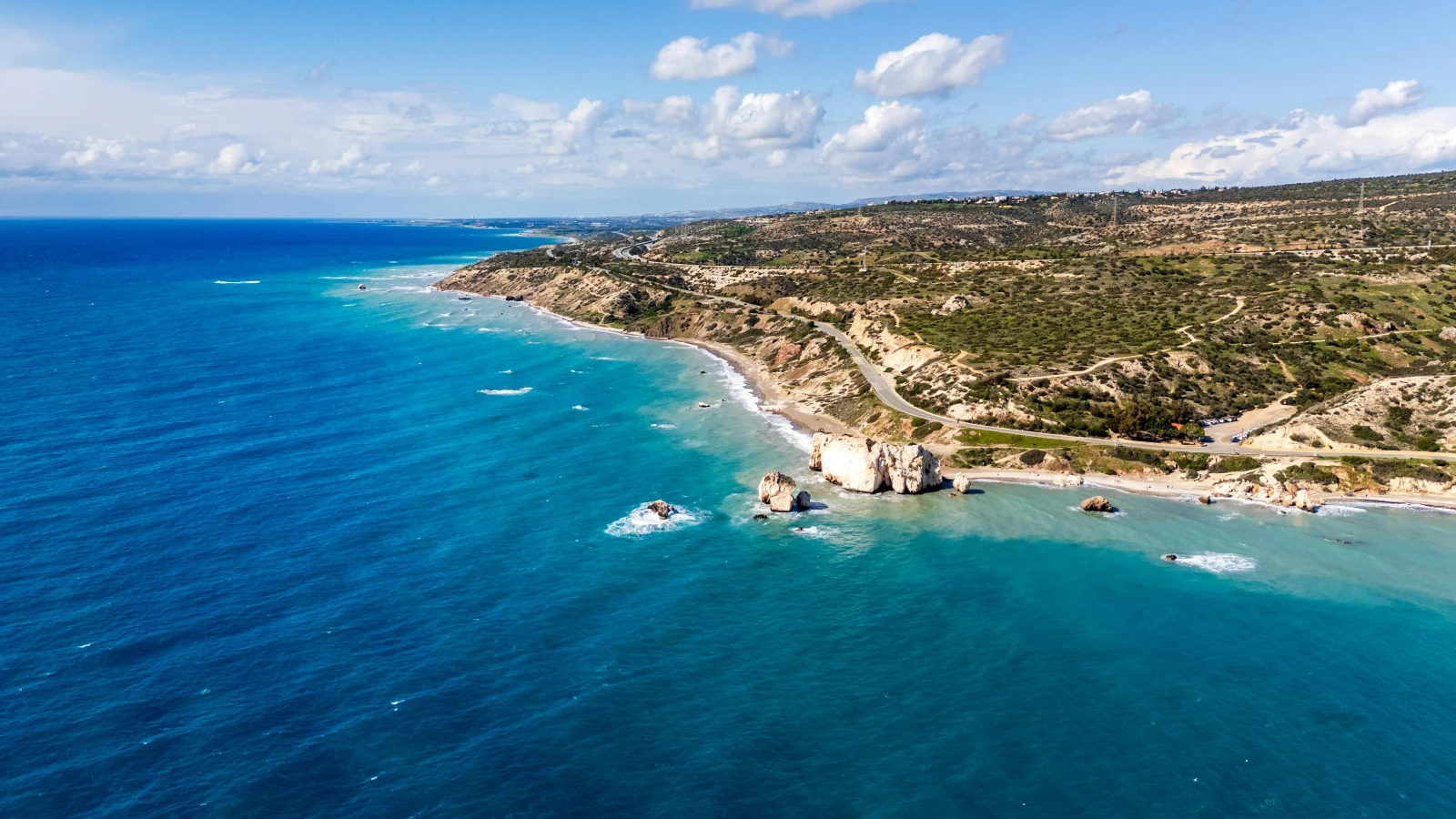 aerial view of Paphos coastline for car rental exploration guide
