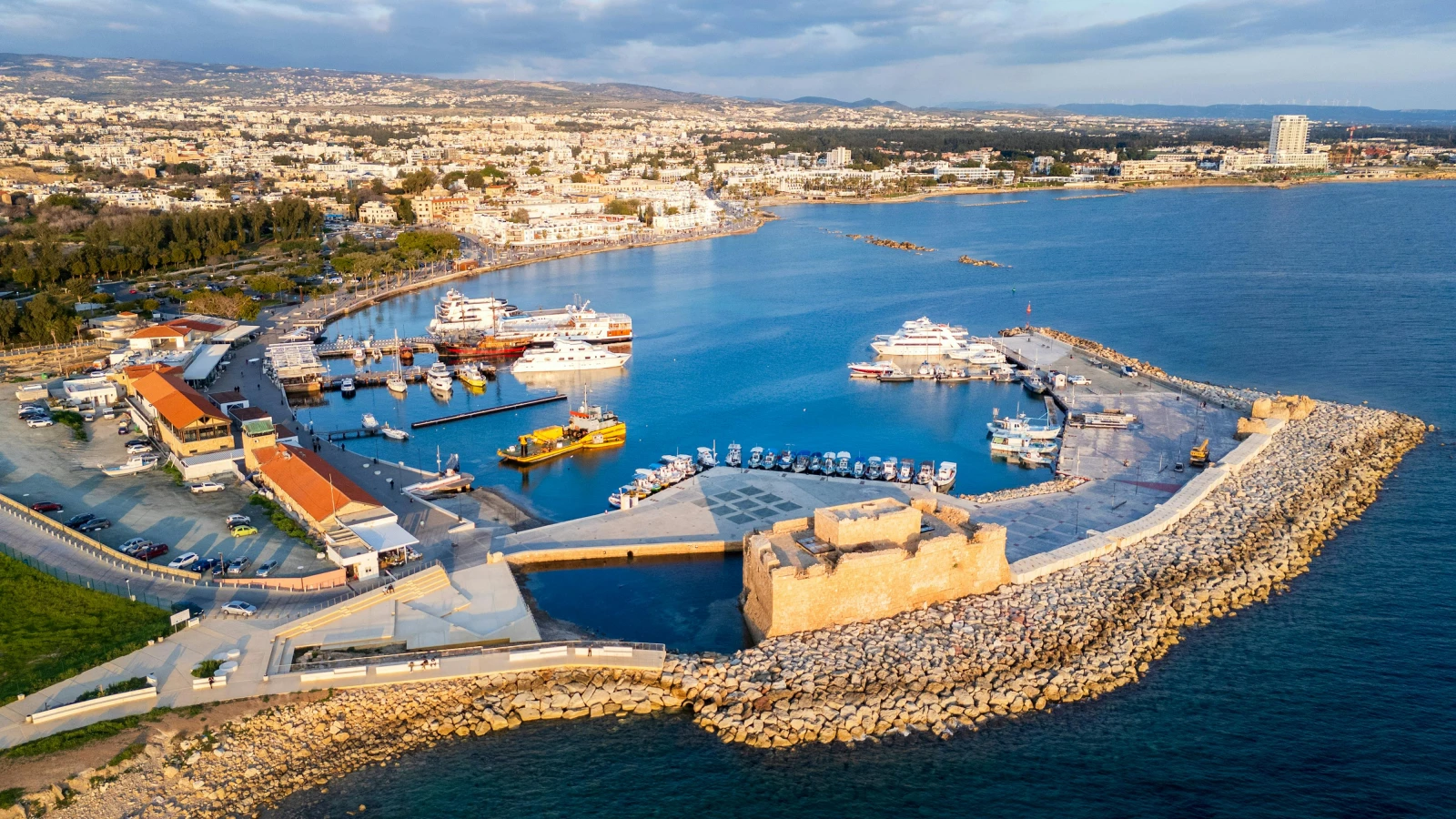 aerial view of Paphos Castle and harbour for car rental visitors
